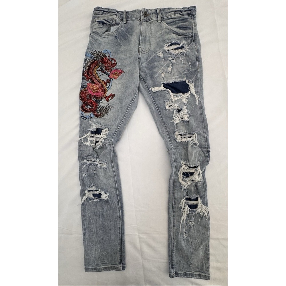 Smoke Rise Jeans Men's 34x34 (Fits 33x32) Distressed Dragon Embroidered Skinny